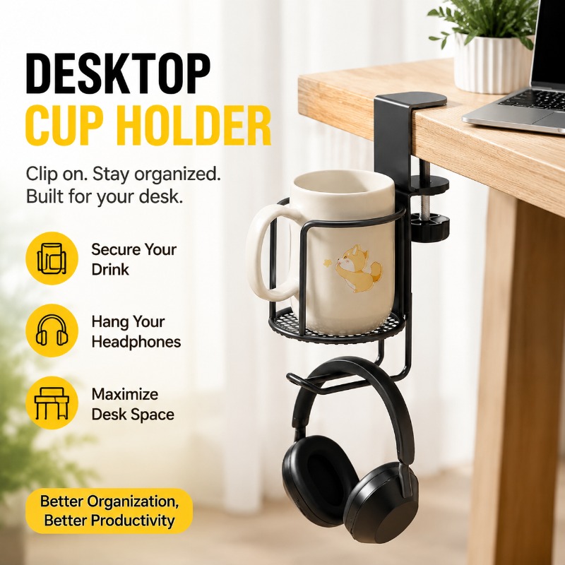 Desk Setup Headphone Stand - 2 in 1 Desk Cup Holder